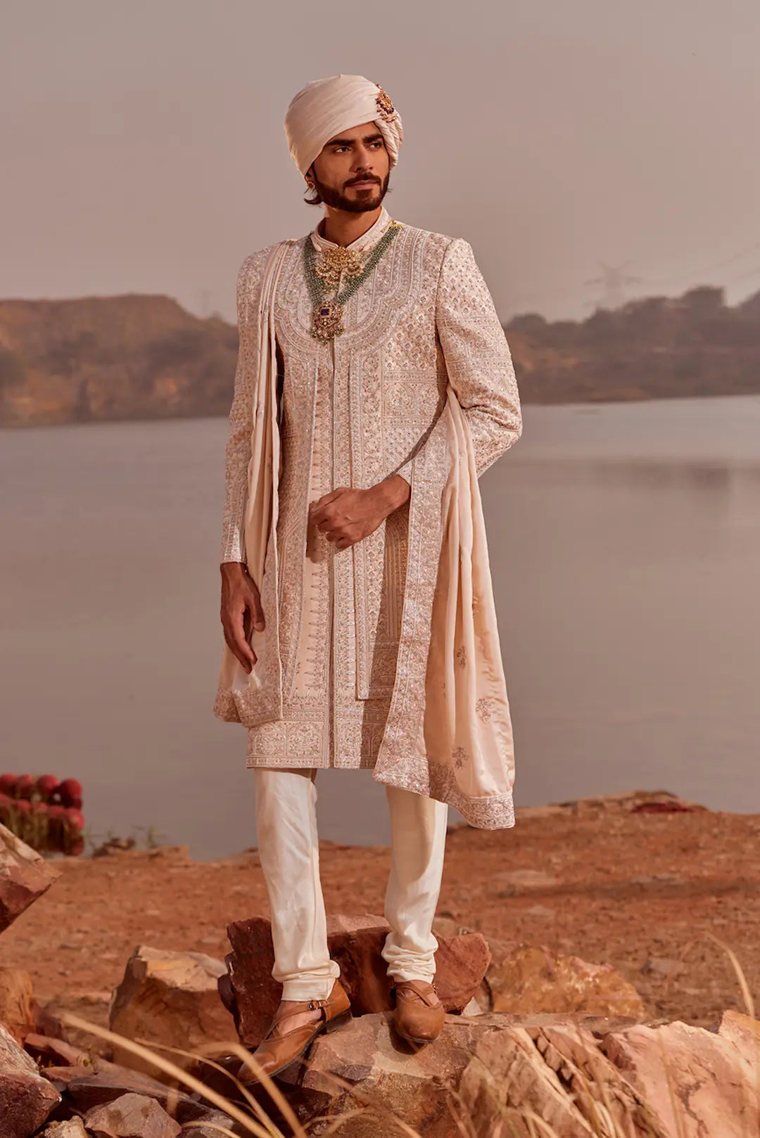 Rose Gold Silk Sherwani Set with Heavy Threadwork Embroidery