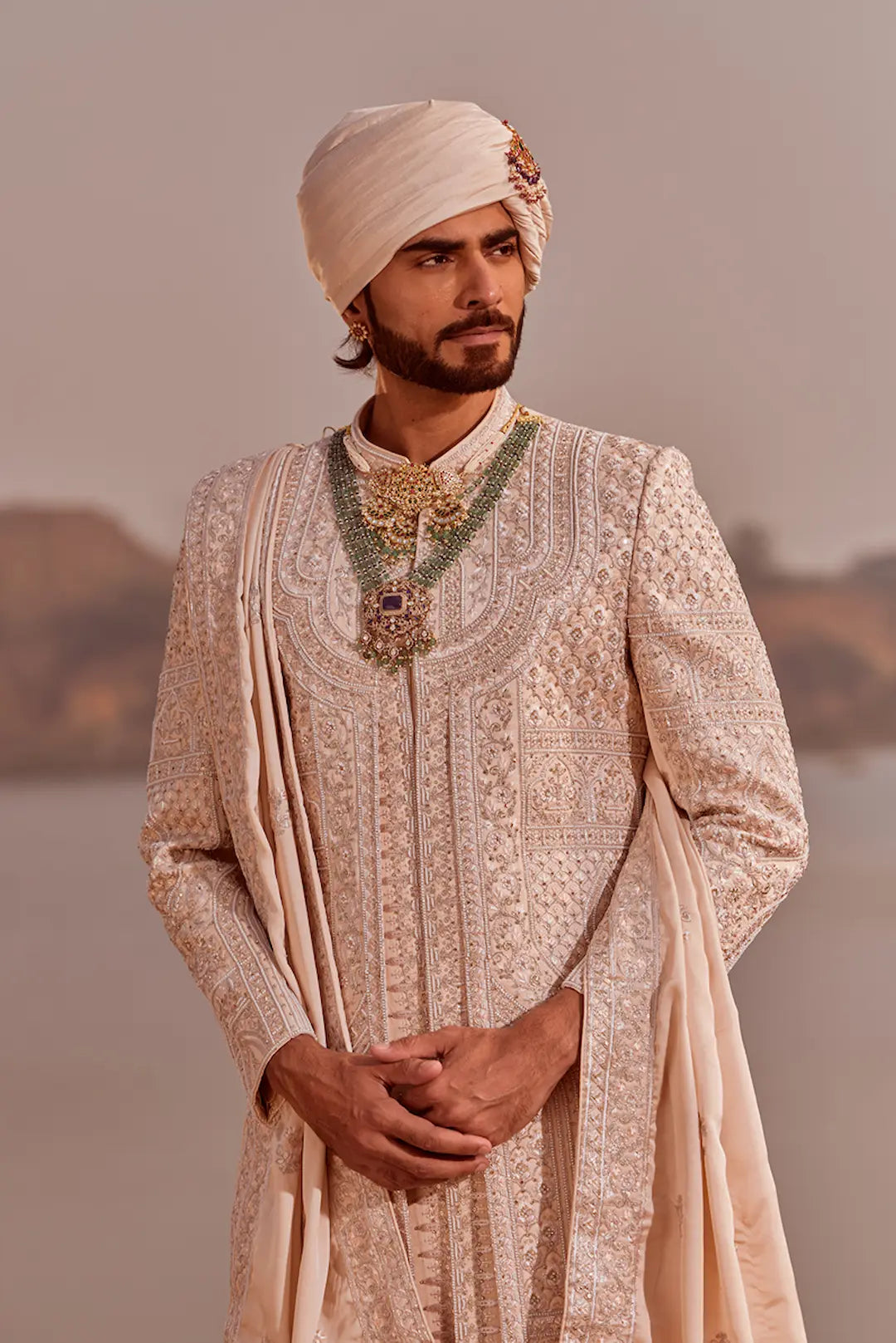 Rose Gold Silk Sherwani Set with Heavy Threadwork Embroidery