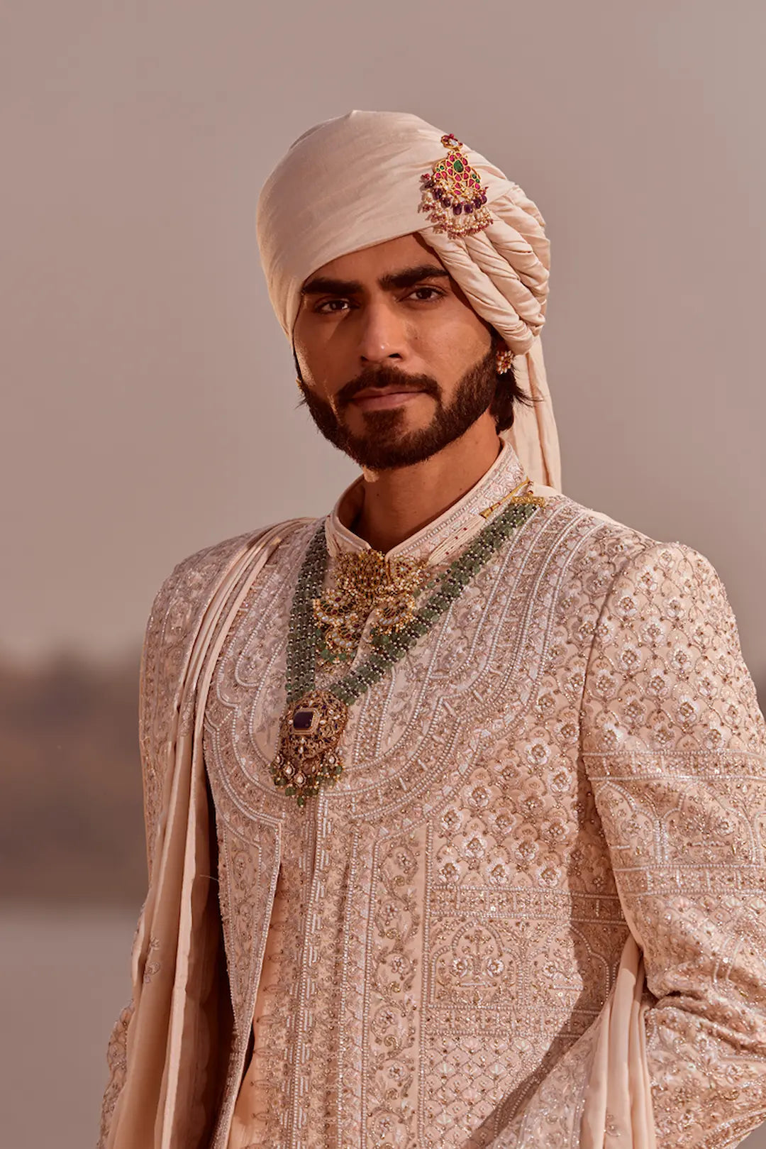 Rose Gold Silk Sherwani Set with Heavy Threadwork Embroidery
