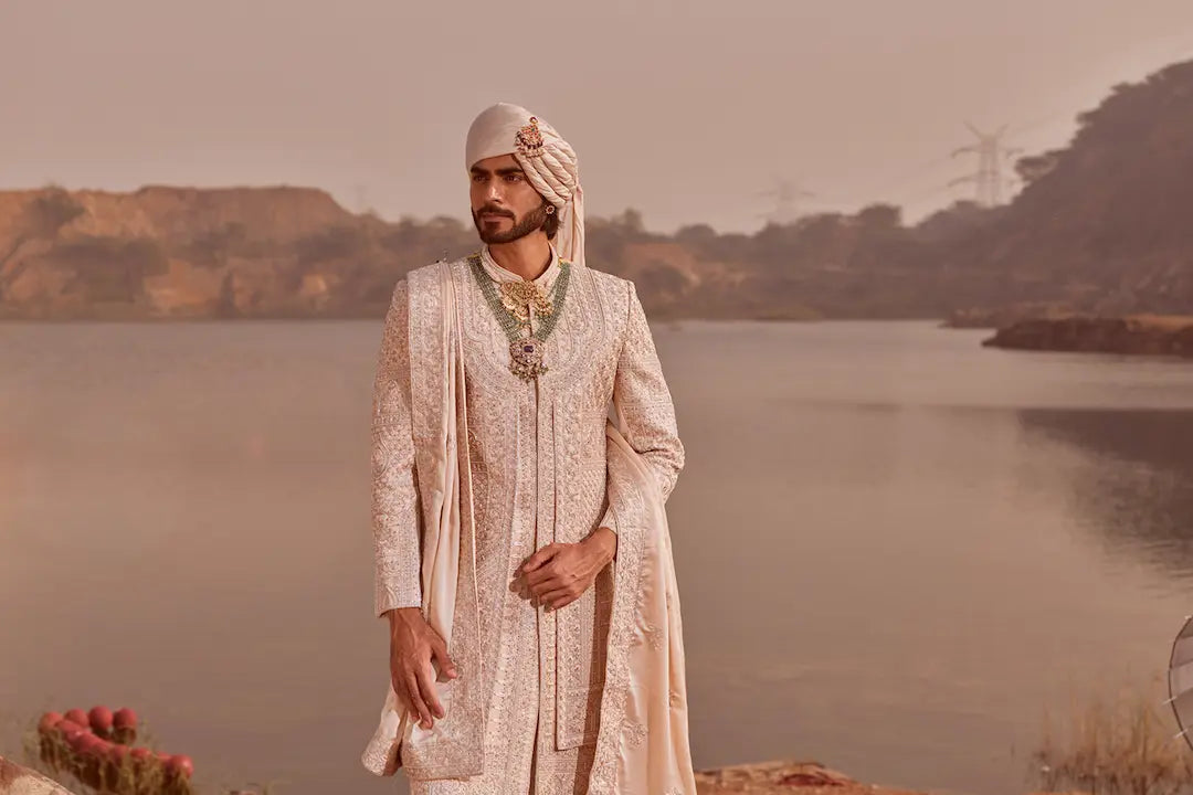 Rose Gold Silk Sherwani Set with Heavy Threadwork Embroidery