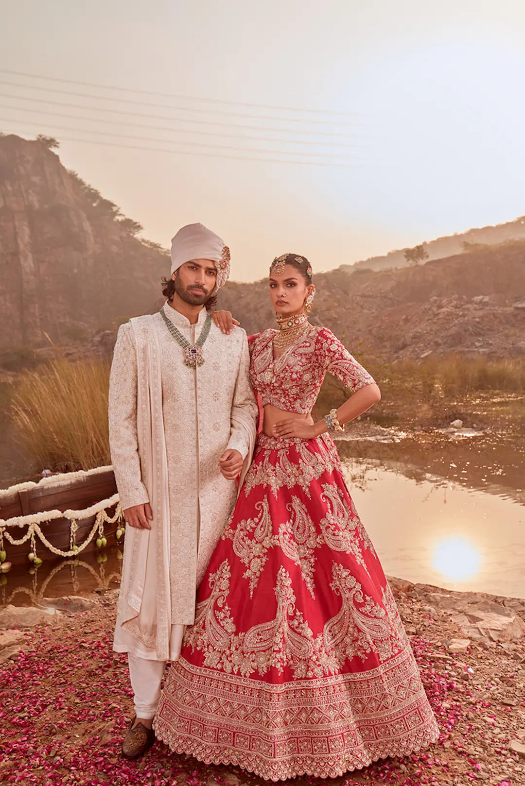 Off White Sherwani Set with Floral Thread Work & Anarkali Kurta