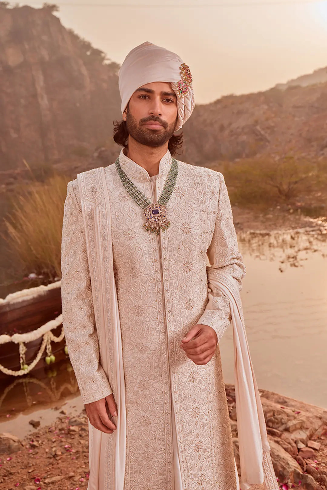Off White Sherwani Set with Floral Thread Work & Anarkali Kurta
