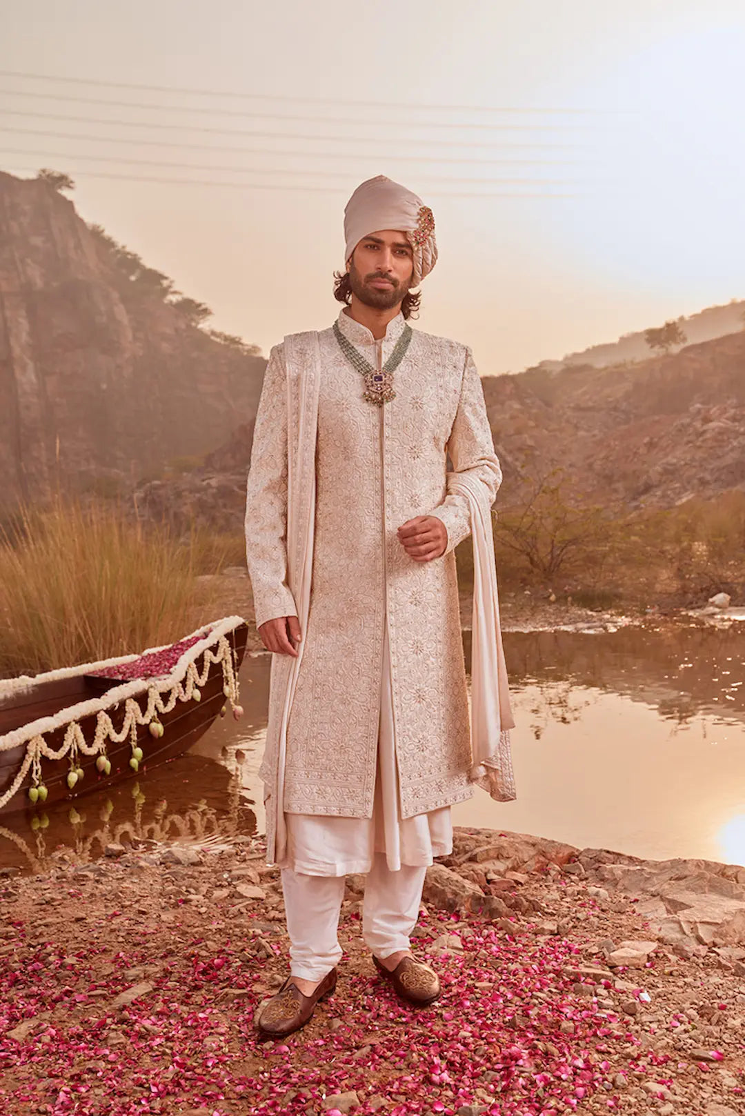 Off White Sherwani Set with Floral Thread Work & Anarkali Kurta