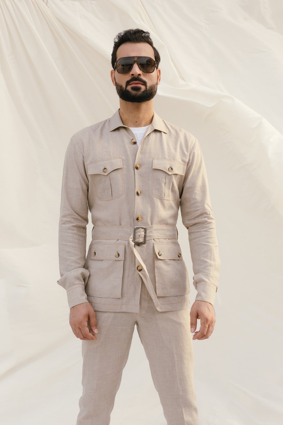 Beige Linen Cordset Safari Shirt with Patch Pockets & Waist Belt (with Pant)