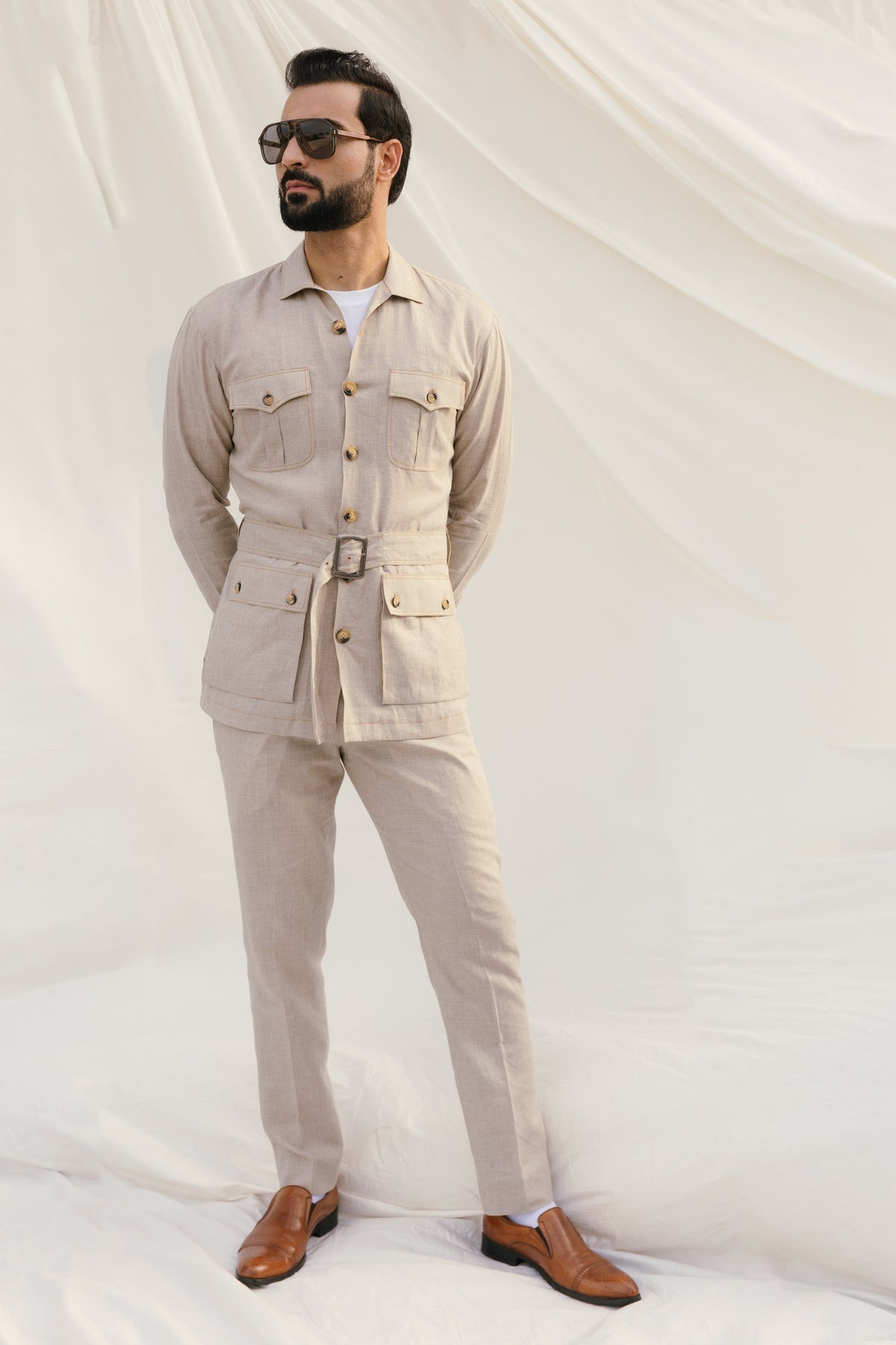 Beige Linen Cordset Safari Shirt with Patch Pockets & Waist Belt (with Pant)
