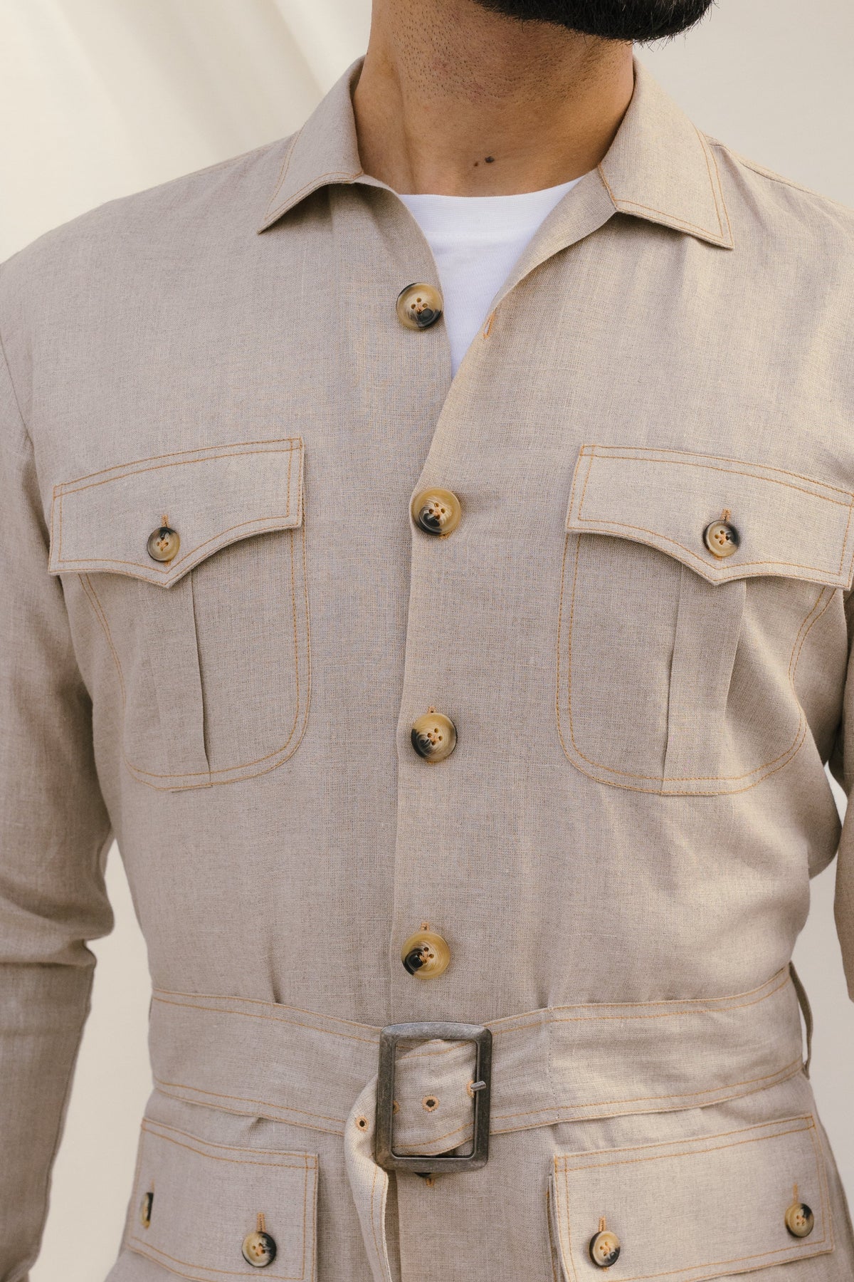 Beige Linen Cordset Safari Shirt with Patch Pockets & Waist Belt (with Pant)