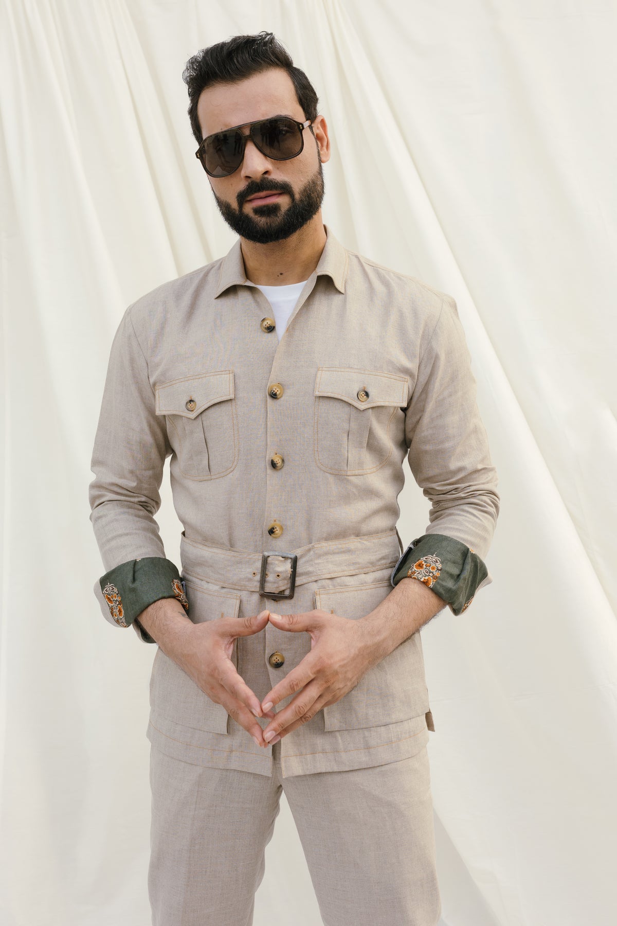Beige Linen Cordset Safari Shirt with Patch Pockets & Waist Belt (with Pant)