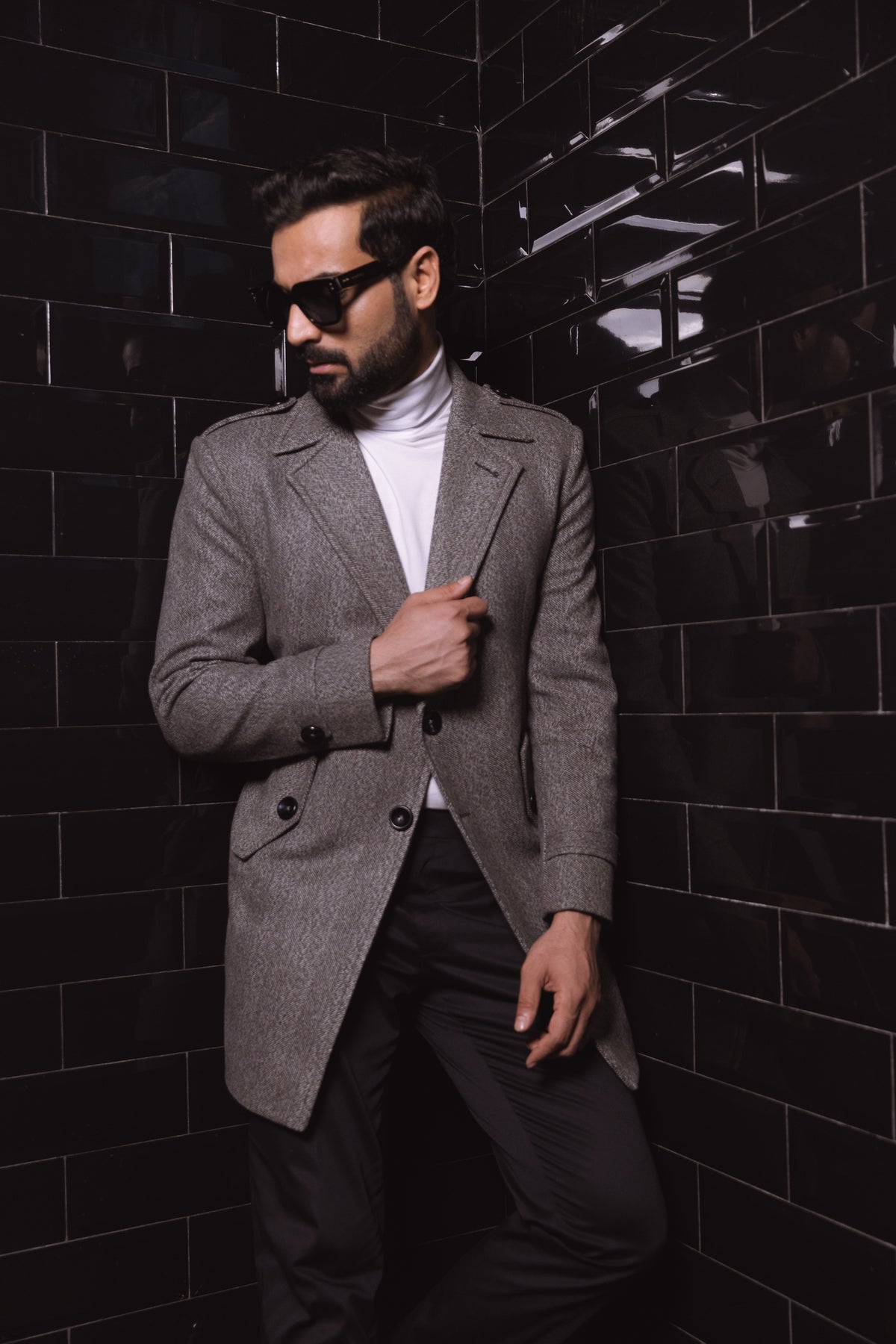 Green herringbone overcoat
