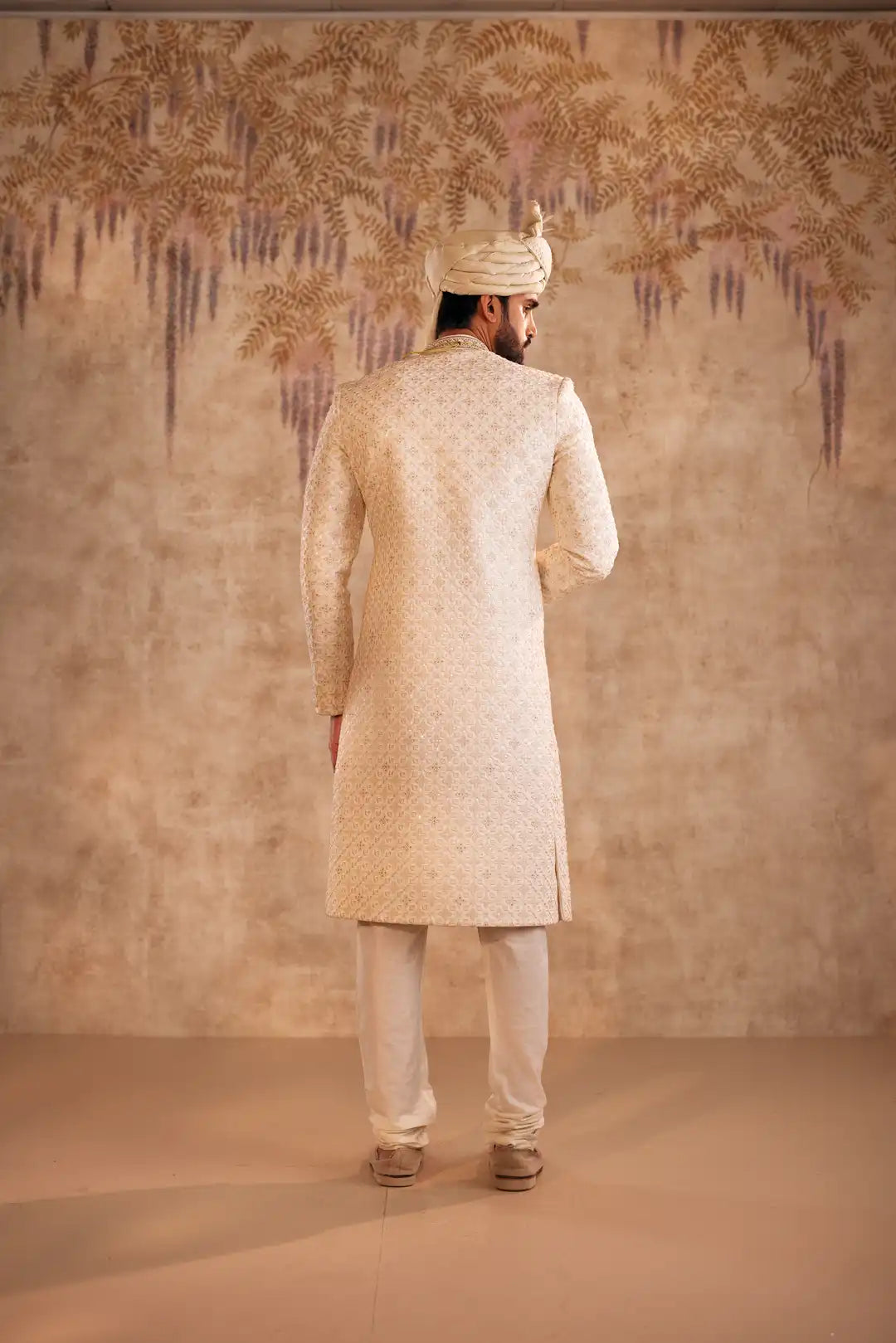 Ivory silk Sherwani with geometric and Floral embroidery