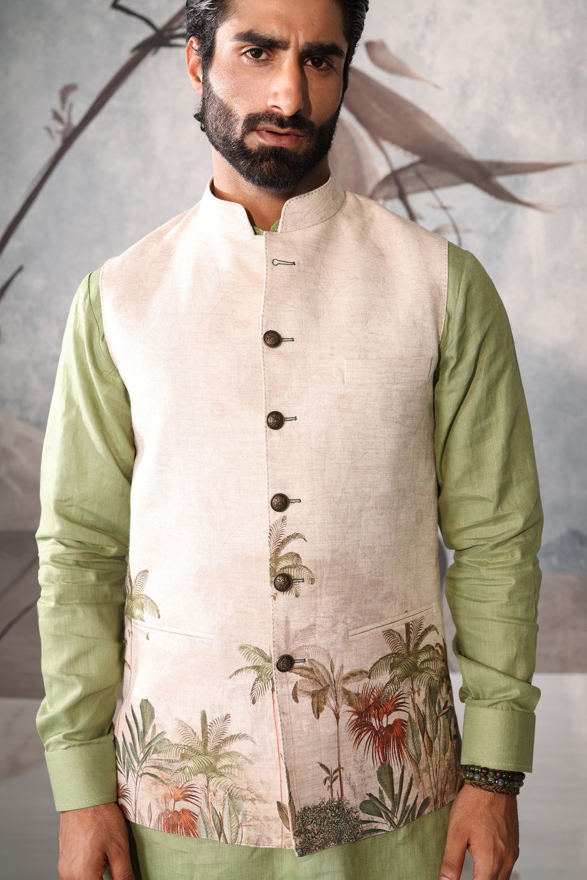 Linen Sadri Set with Green Kurta and Floral Design