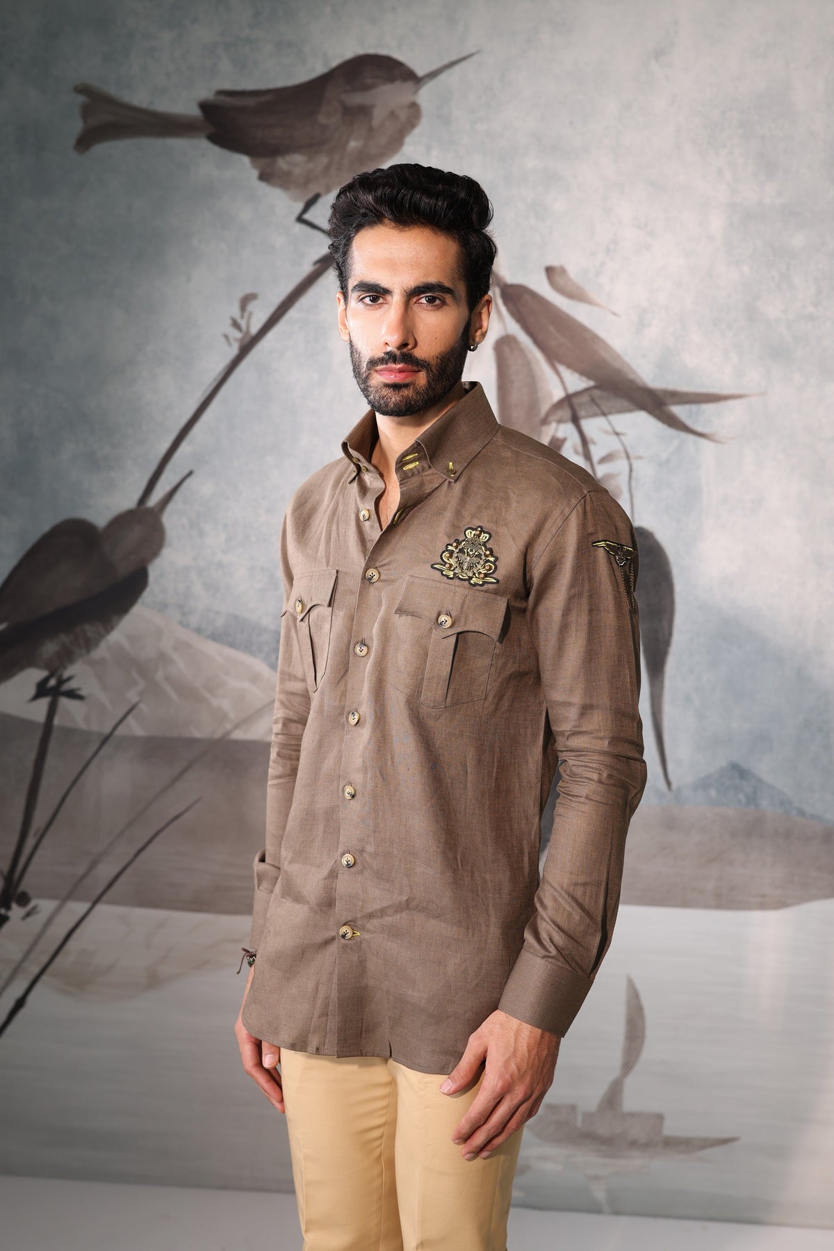 Desert khakhi linen safari shirt with embroidered badges