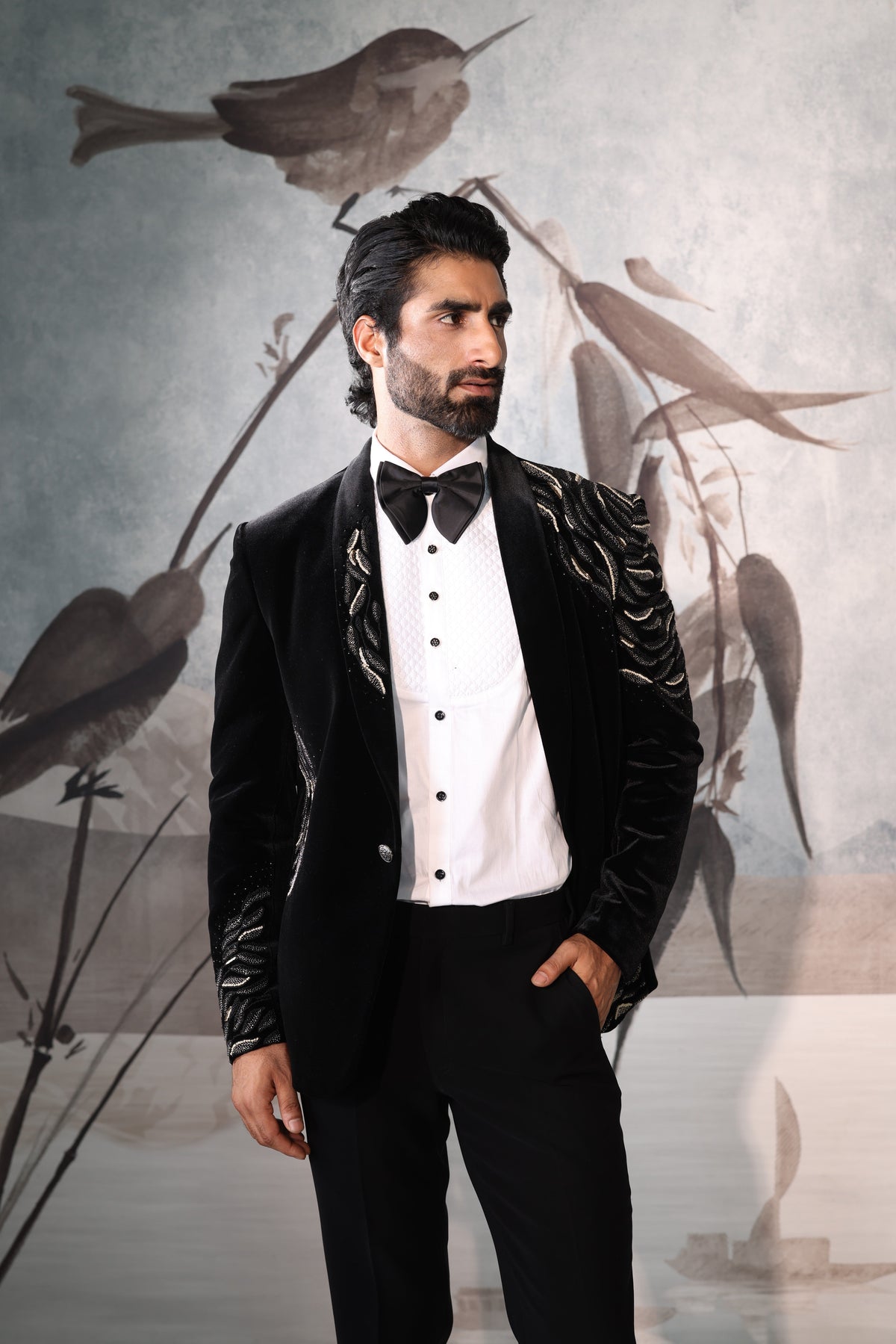 Velvet Shawl Collar Tuxedo with Hand Embroidery
