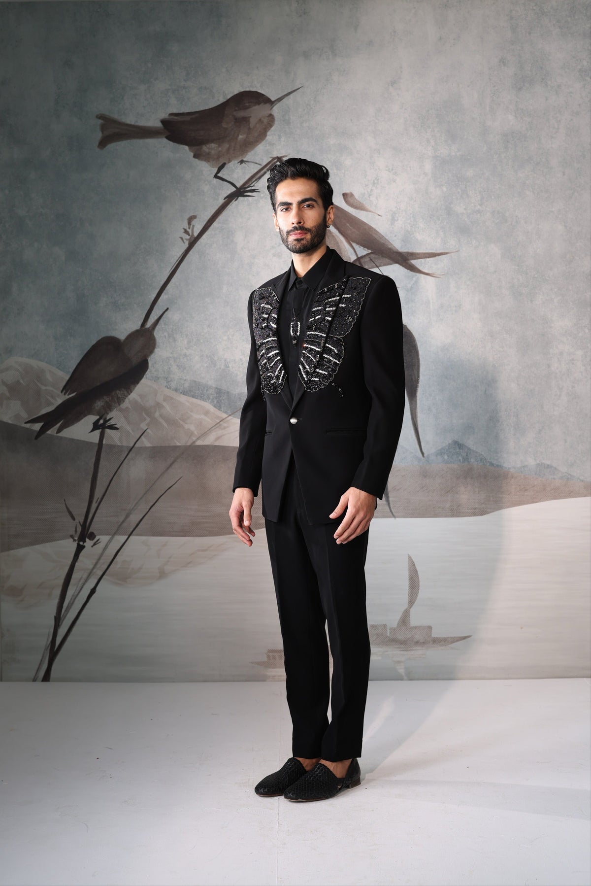 Men's Black Designer Tuxedo Suit with Embroidered Lapel