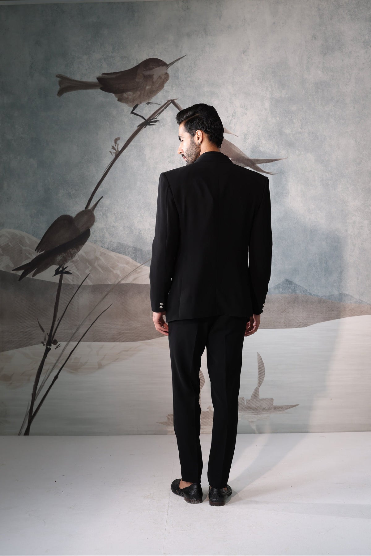 Men's Black Designer Tuxedo Suit with Embroidered Lapel
