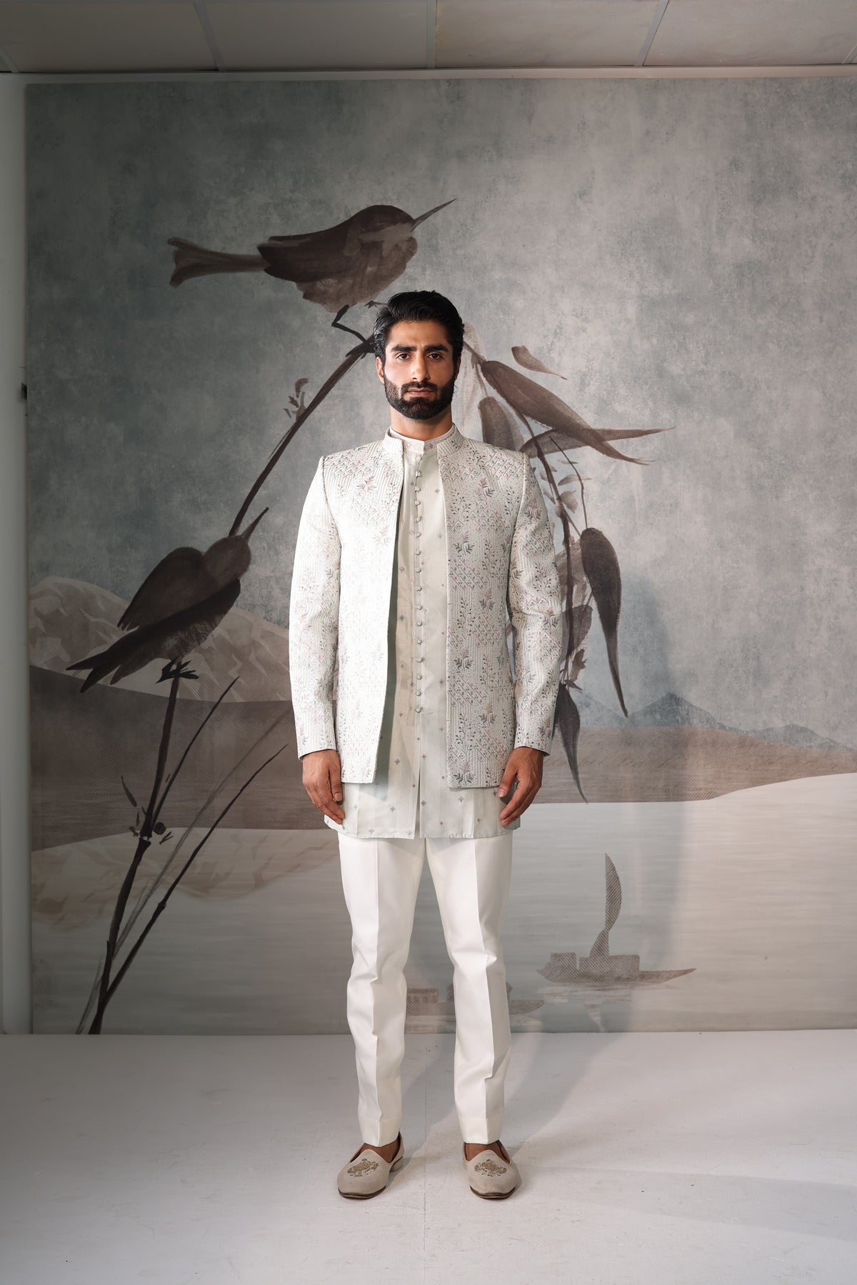 Short Open Jacket with kurta pista green