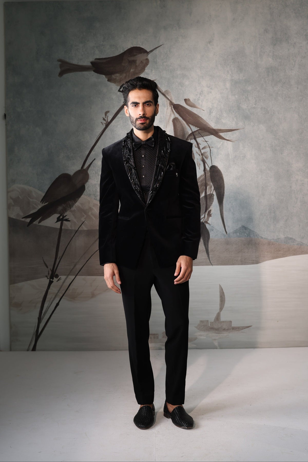 Black Tuxedo with Collar Embroidery Work