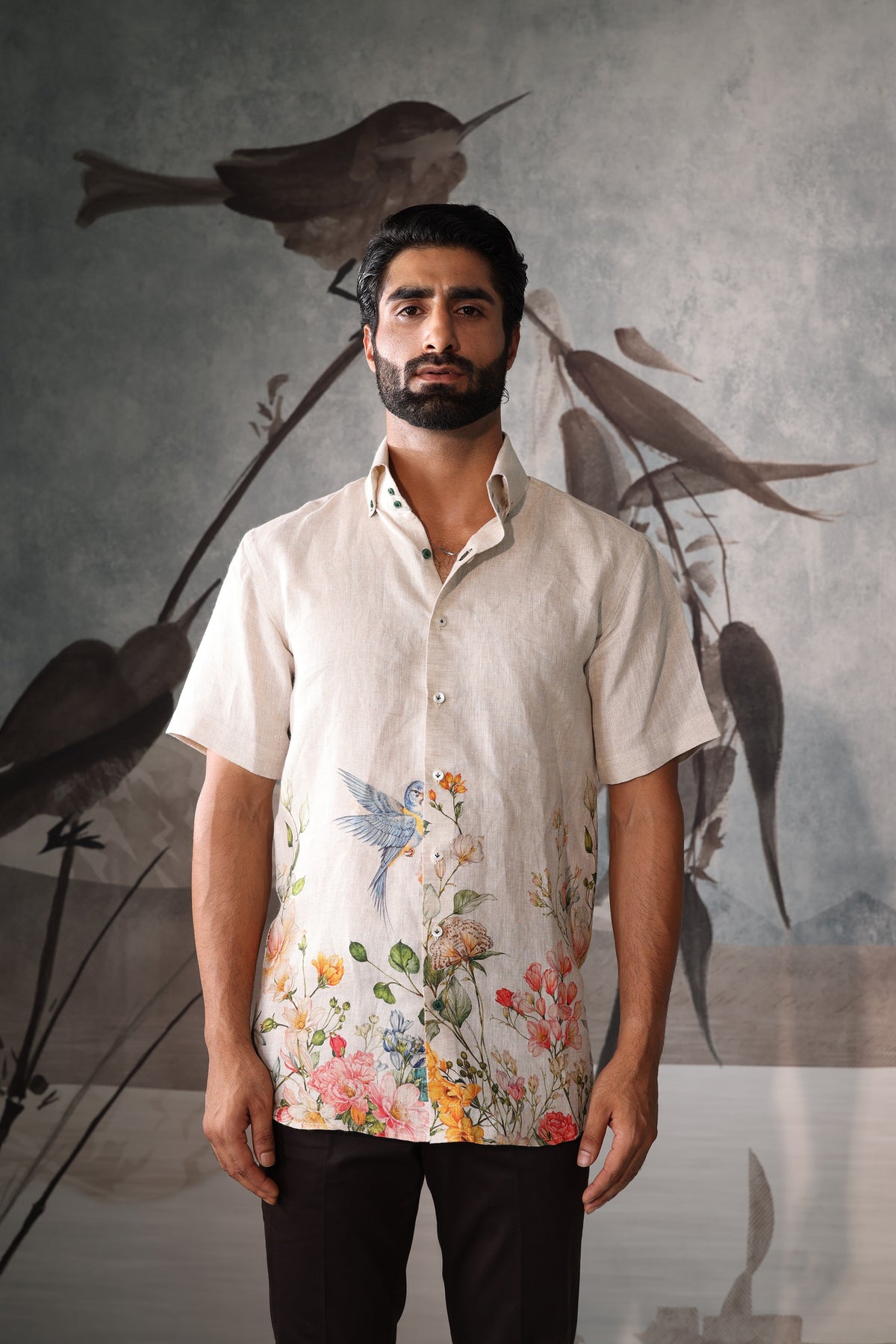 Beige half sleeves shirt with floral print