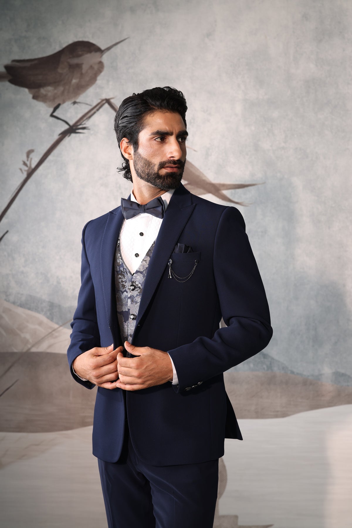 Blue Formal Suit with Printed Waistcoat for Men