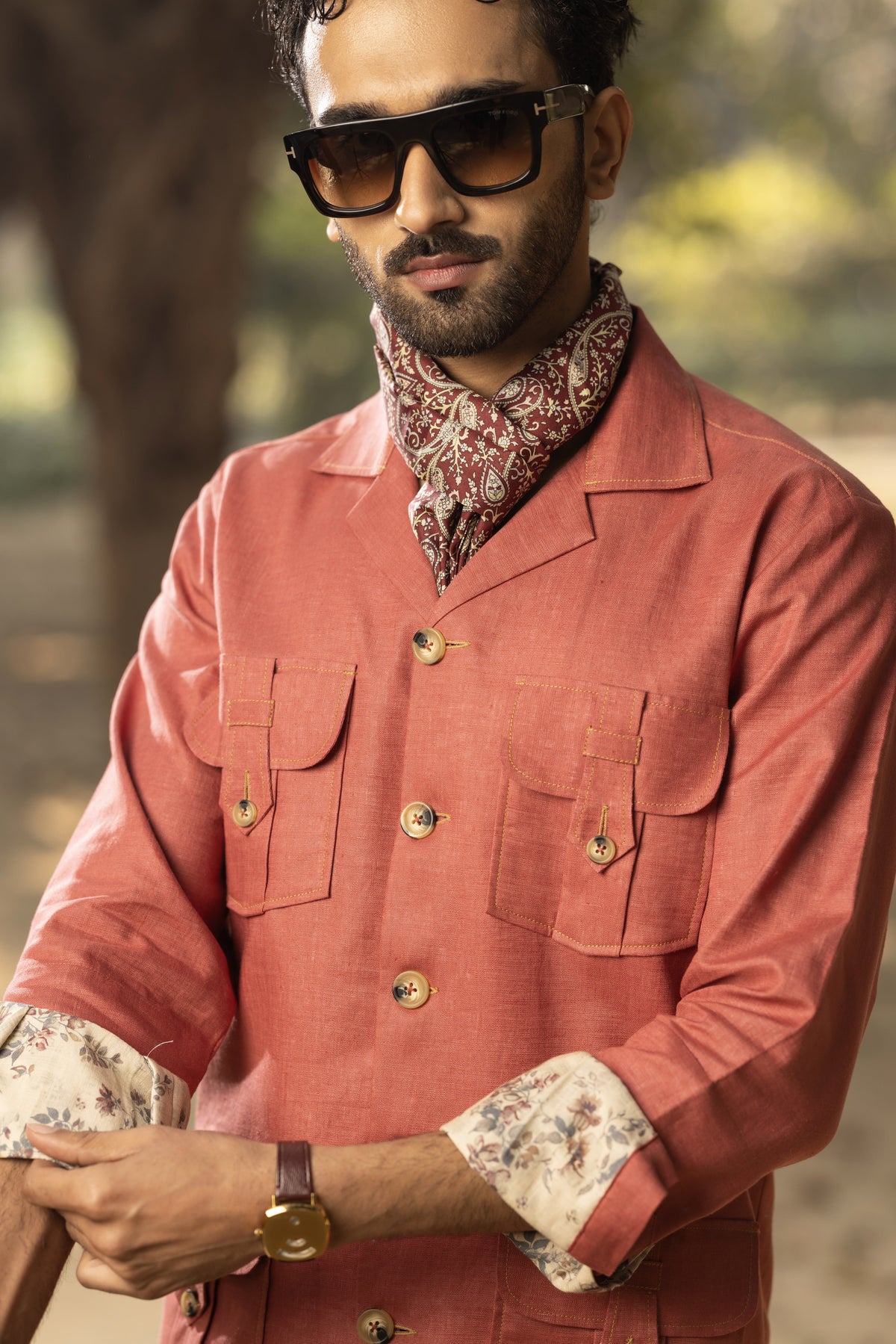 Red Linen Safari Shirt for Men