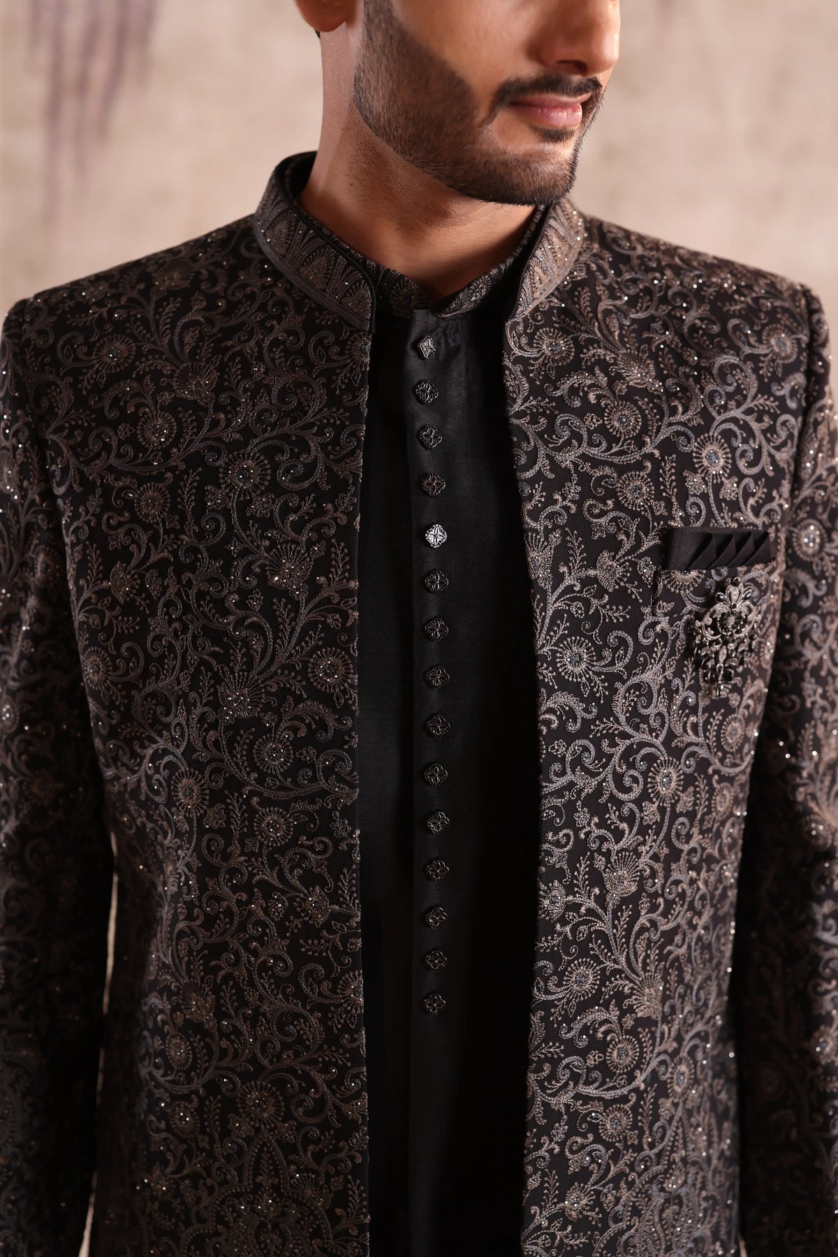 Black Jacquard Indo Western for Men