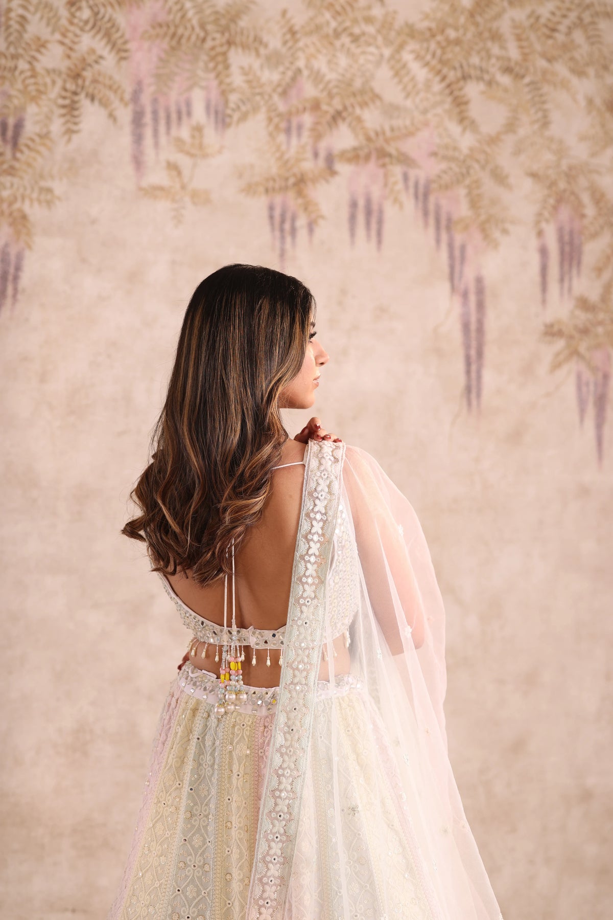 Cream Mirror Work Party Wear Lehenga