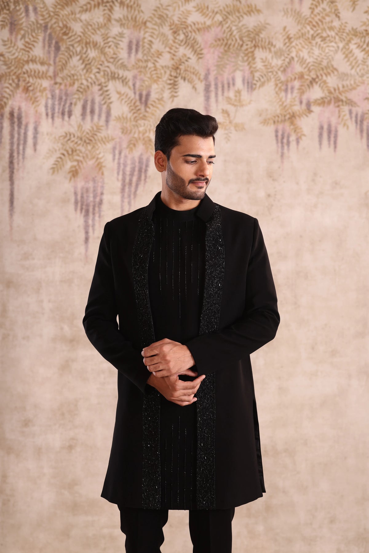 machine embroidered open jacket indo with kurta detailing with button