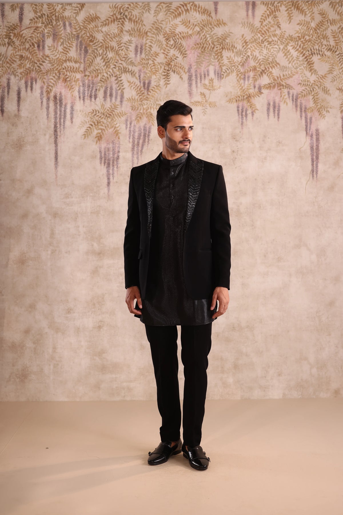Peak embroidered lapel black  indo- western  with shimmering kurta