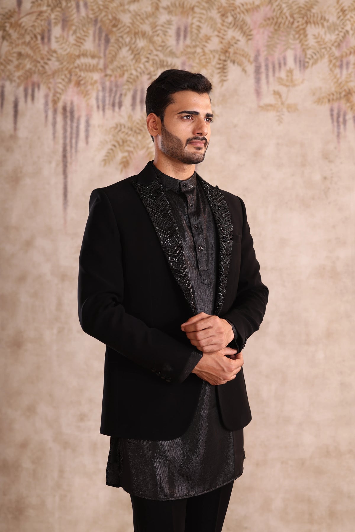 Peak embroidered lapel black  indo- western  with shimmering kurta