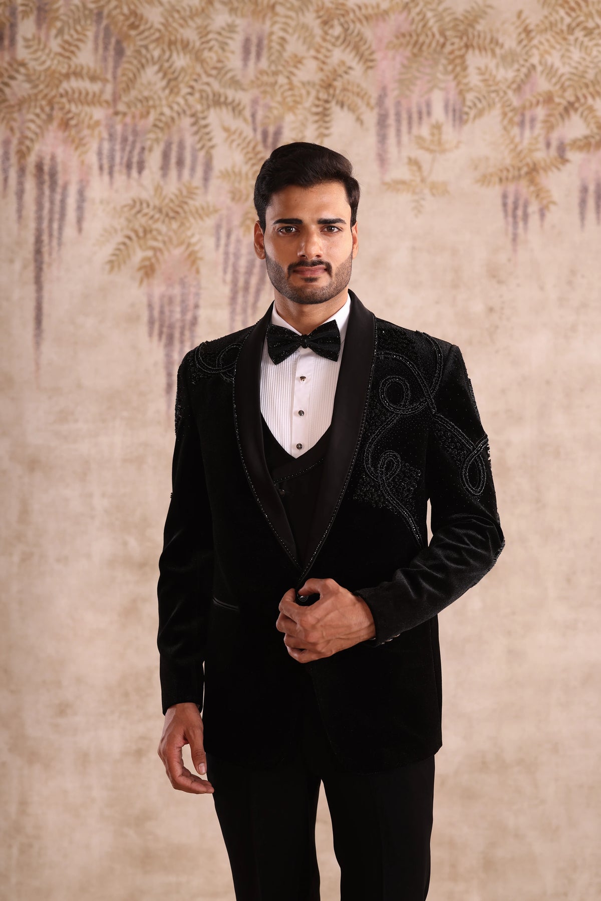 Black Shawl Lapel Tuxedo with Chest & Shoulder Embroidery for Men