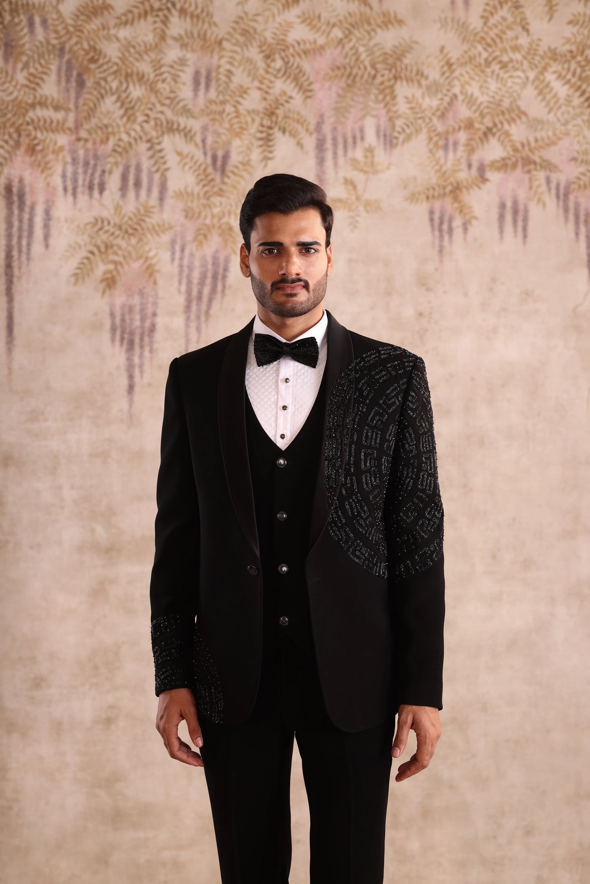 Black Embroidered Shawl Lapel Tuxedo for Men