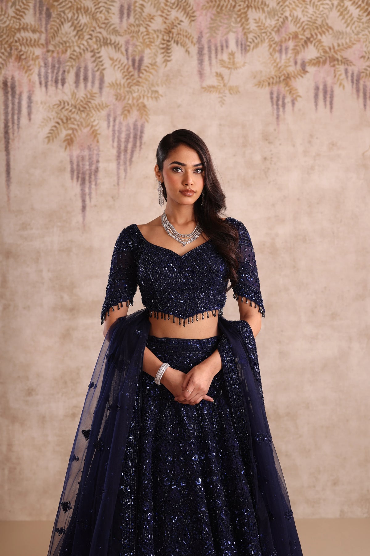 Navy Blue Sequin Embroidered Party Wear Lehenga