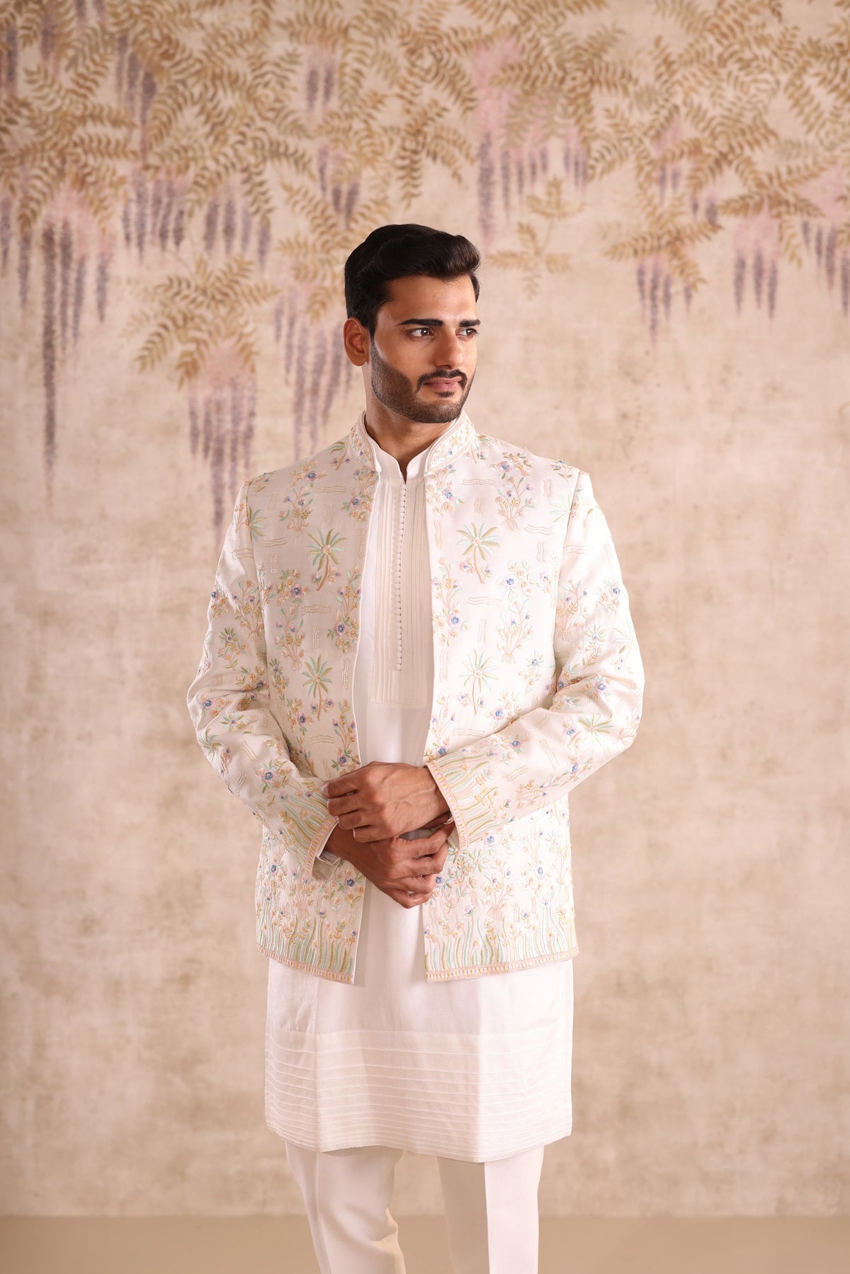 White machine embroidered indo western with kurta