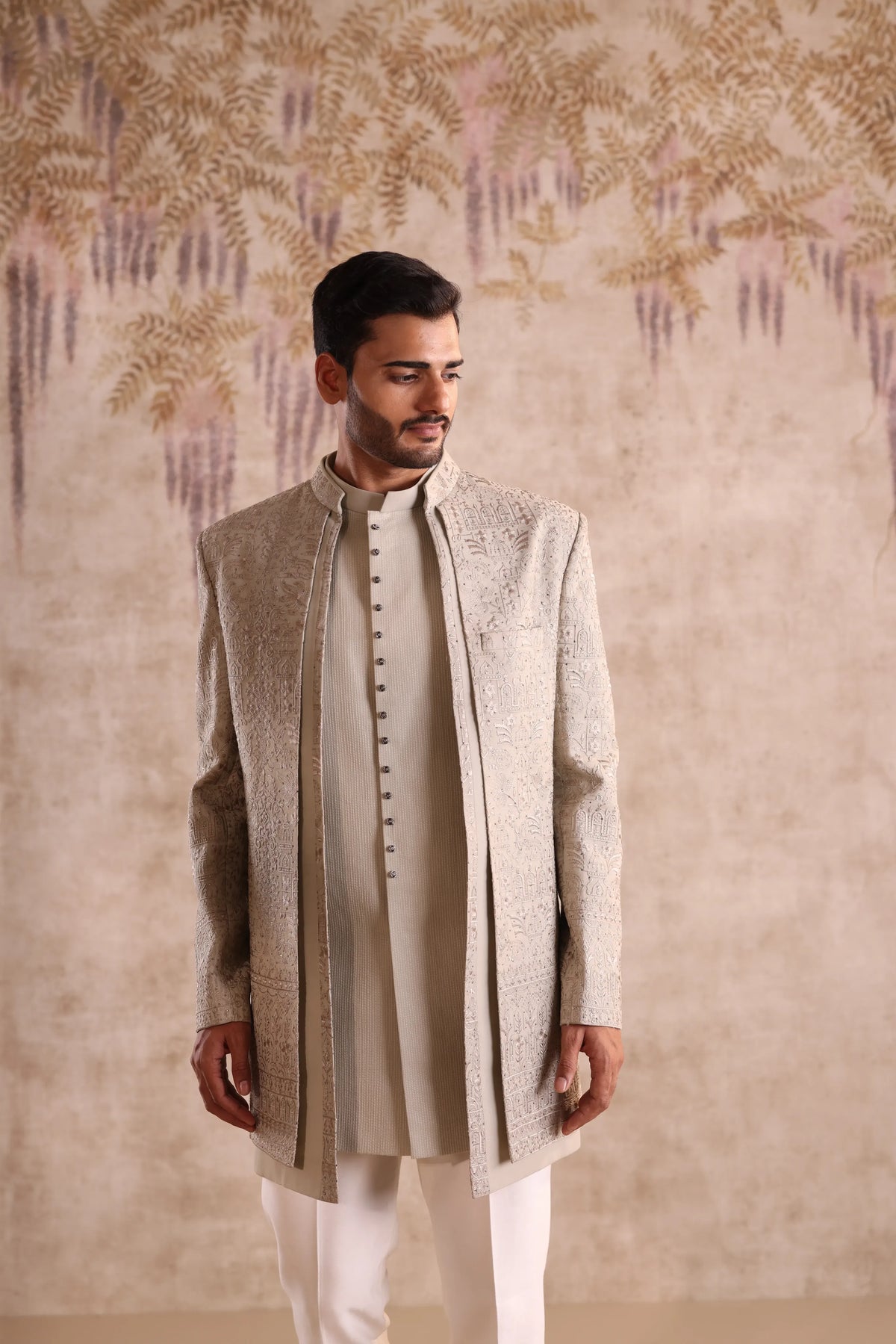 Beige Jacquard Indo Western for Men