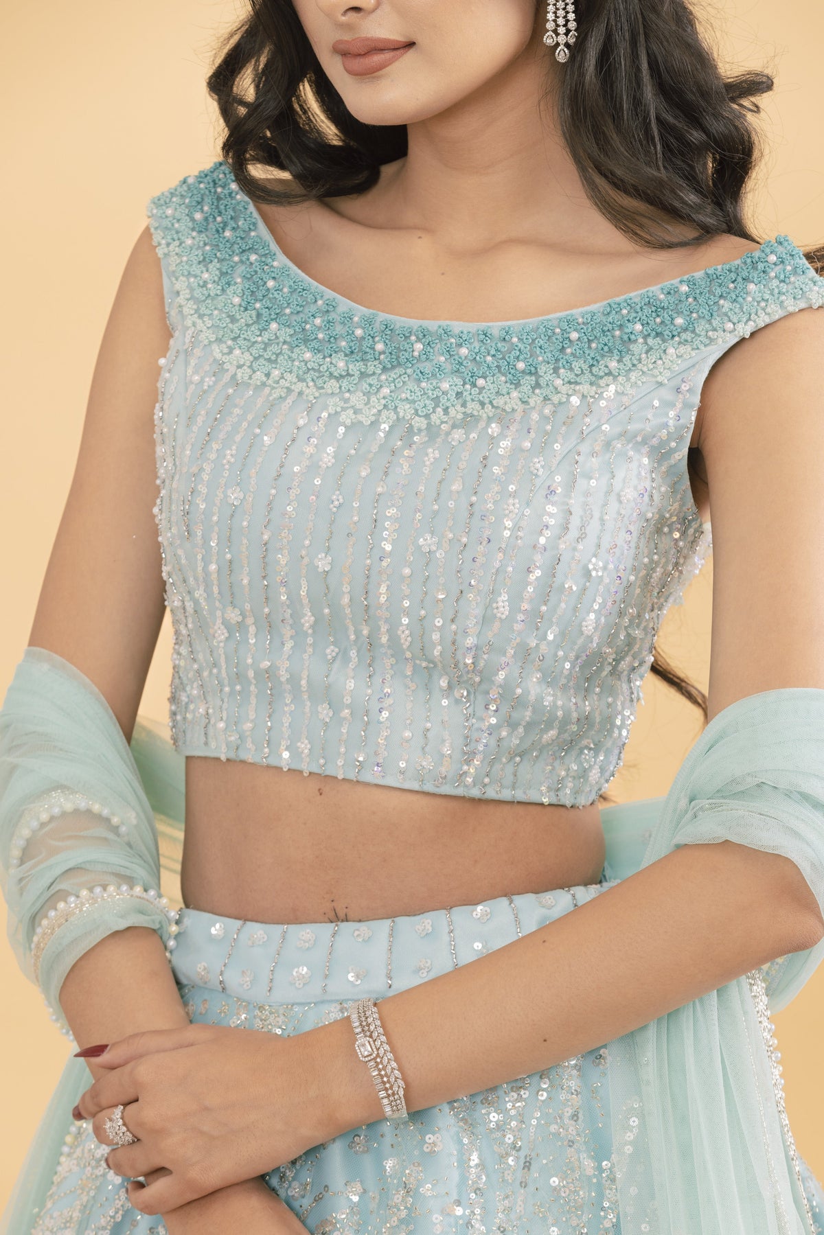 Blue Net Lehenga with Silver Embellishments