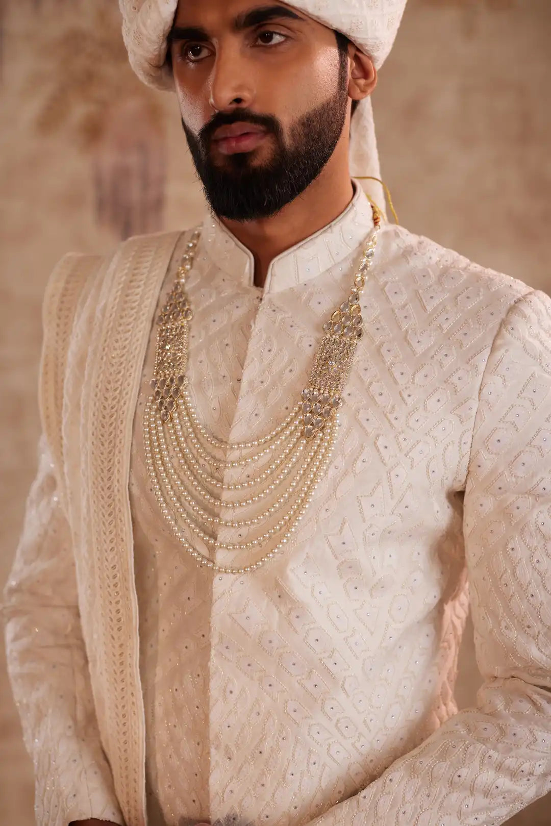 Off White Geometric Sherwani for Groom | Contemporary Designer Wedding Sherwani