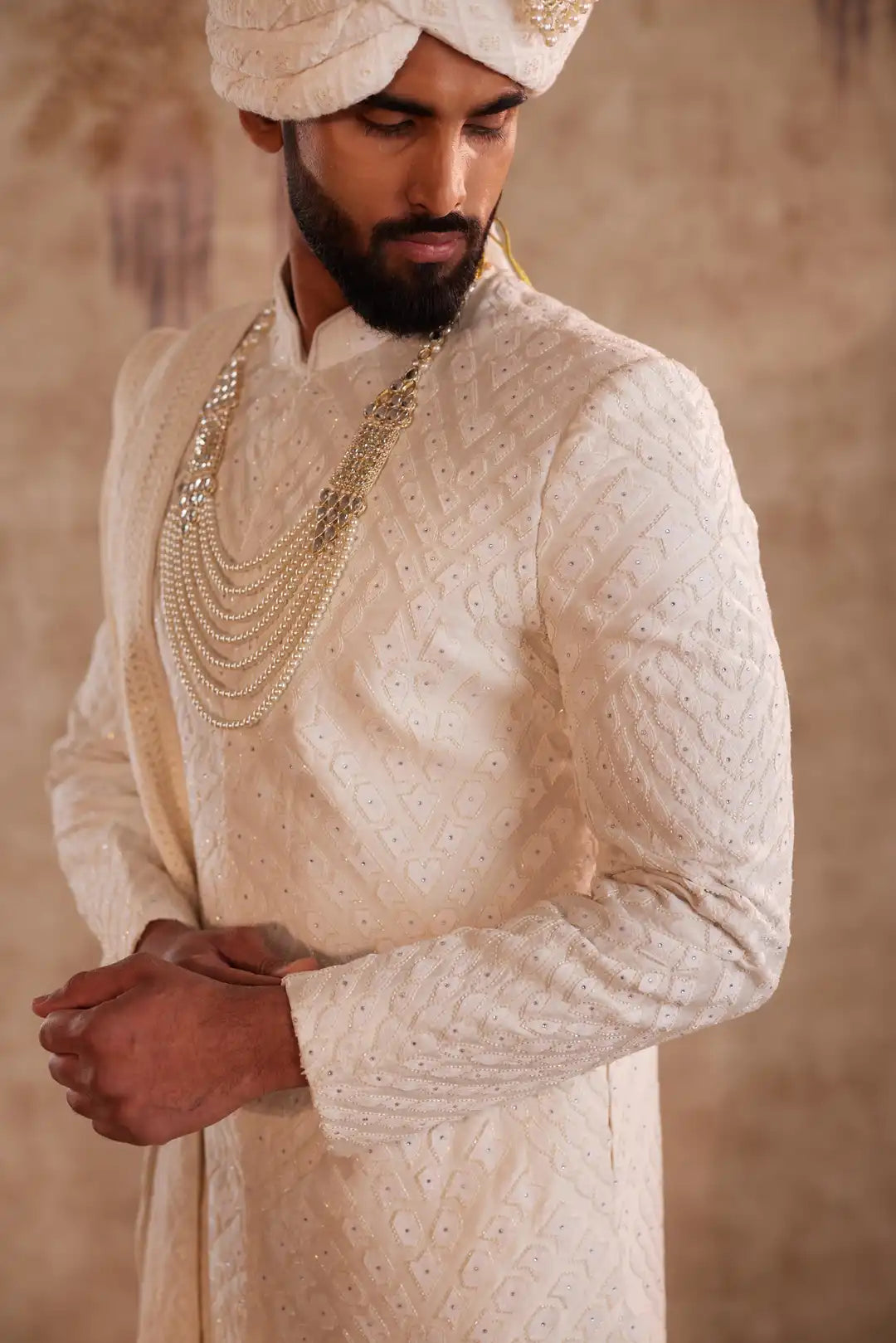 Off White Geometric Sherwani for Groom | Contemporary Designer Wedding Sherwani