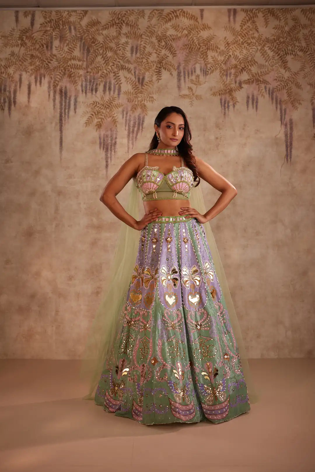 Green heart embroidered lehenga