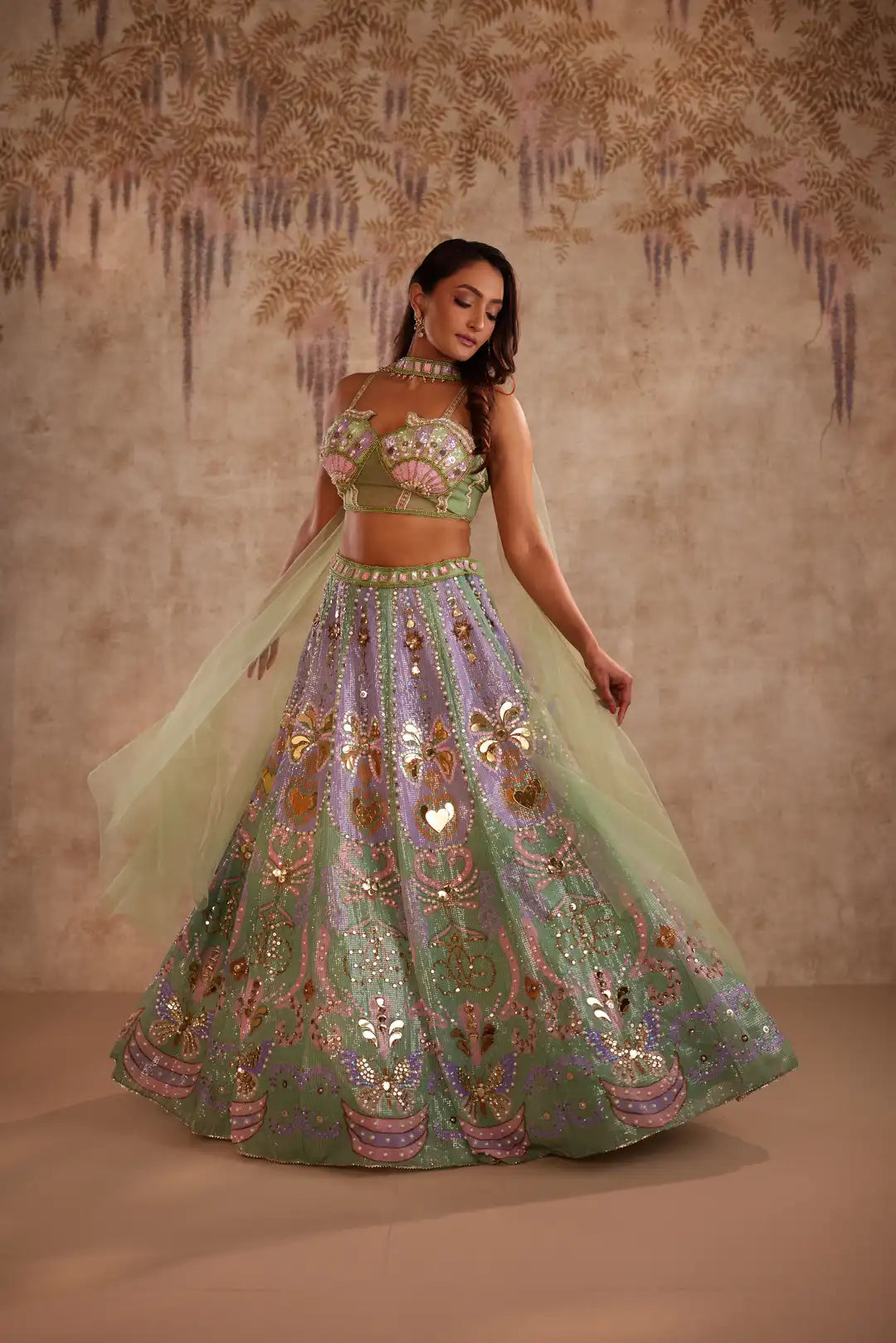 Green heart embroidered lehenga