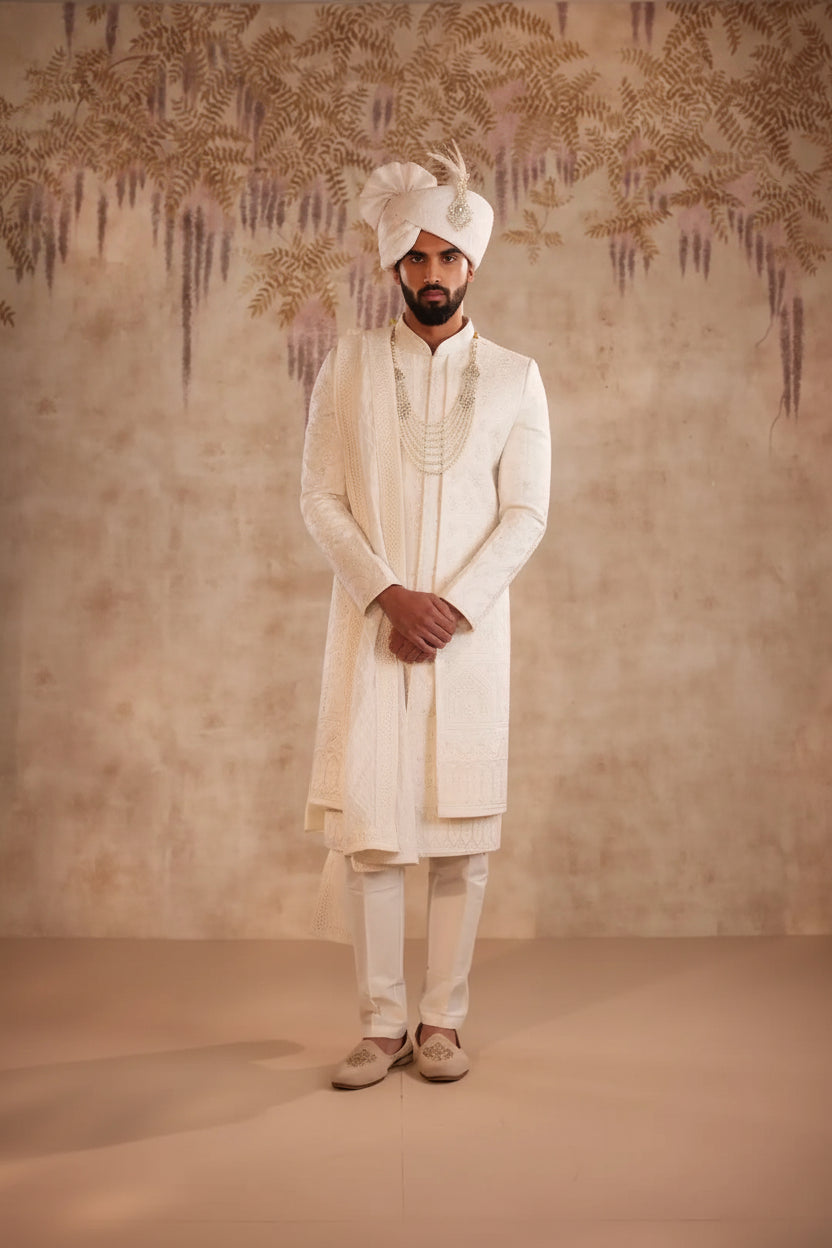 Off white open jacket Sherwani