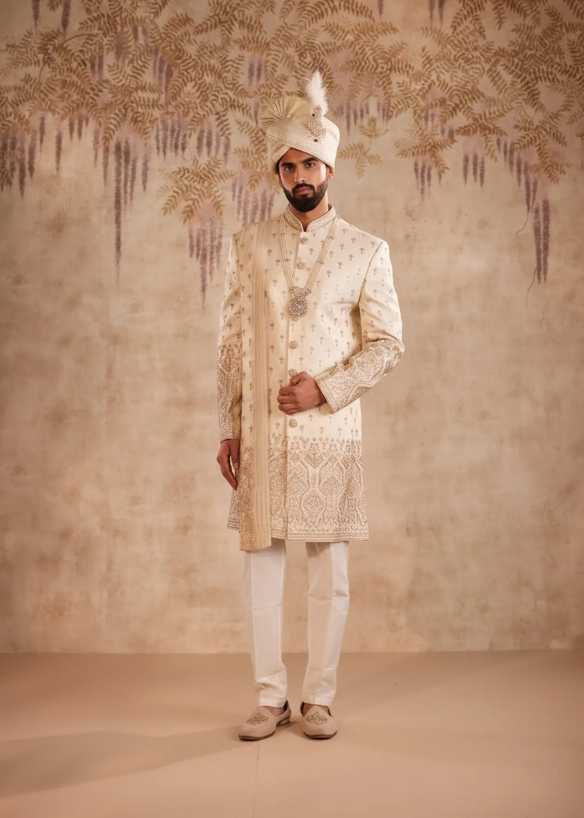 Off White Tissue Sherwani with Sequins Work and Embroidered Dupatta