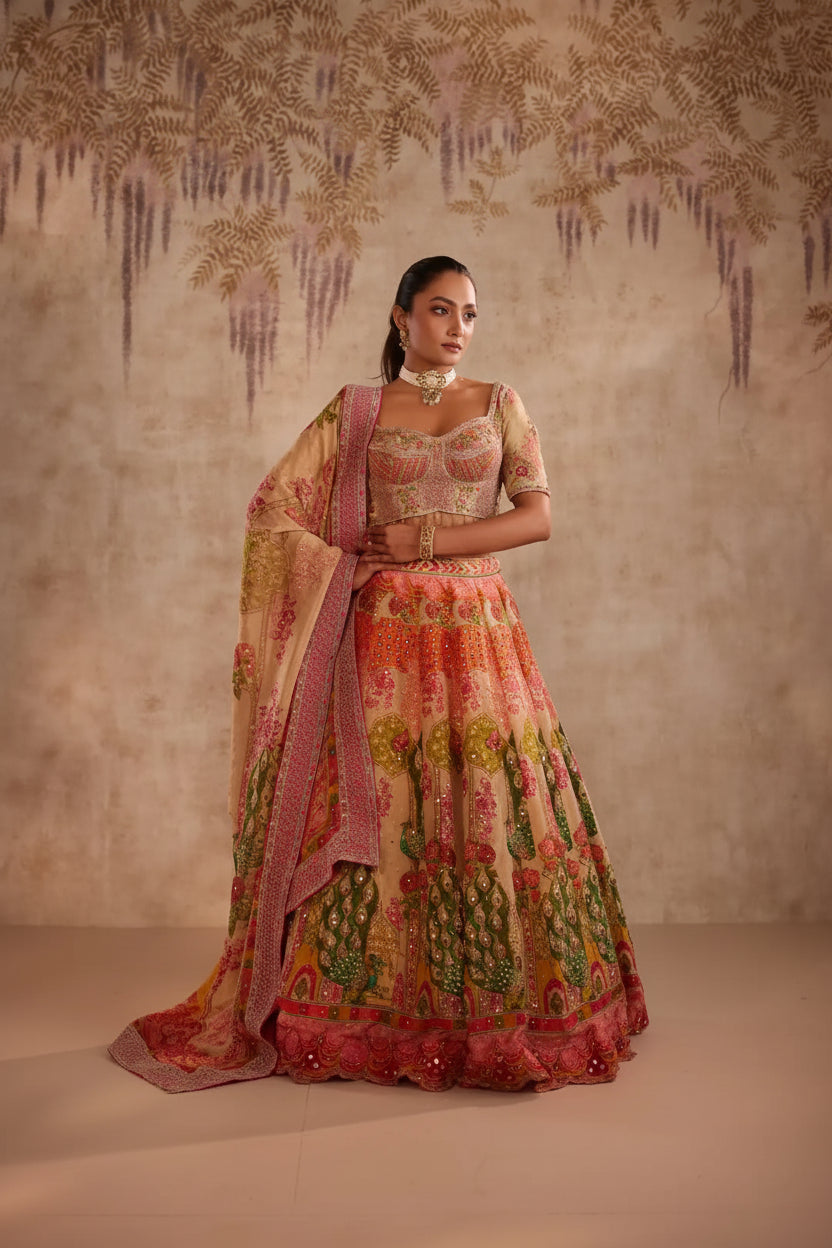 Multicolor Printed Lehenga with Floral Embroidery and Dupatta