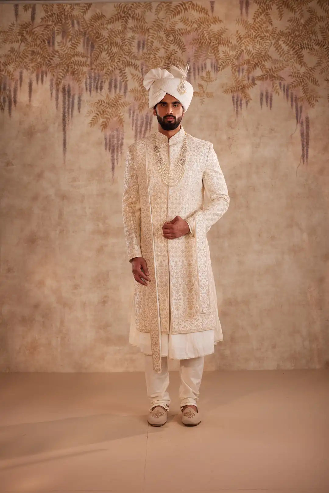 Ivory Sherwani Suit with Beads & Zari Work
