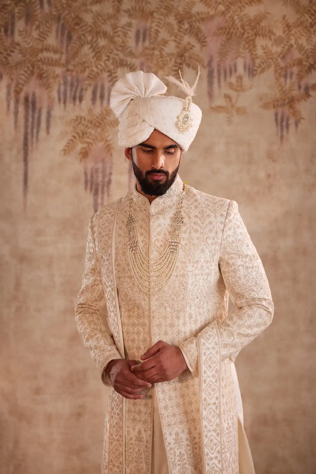 Ivory Sherwani Suit with Beads & Zari Work