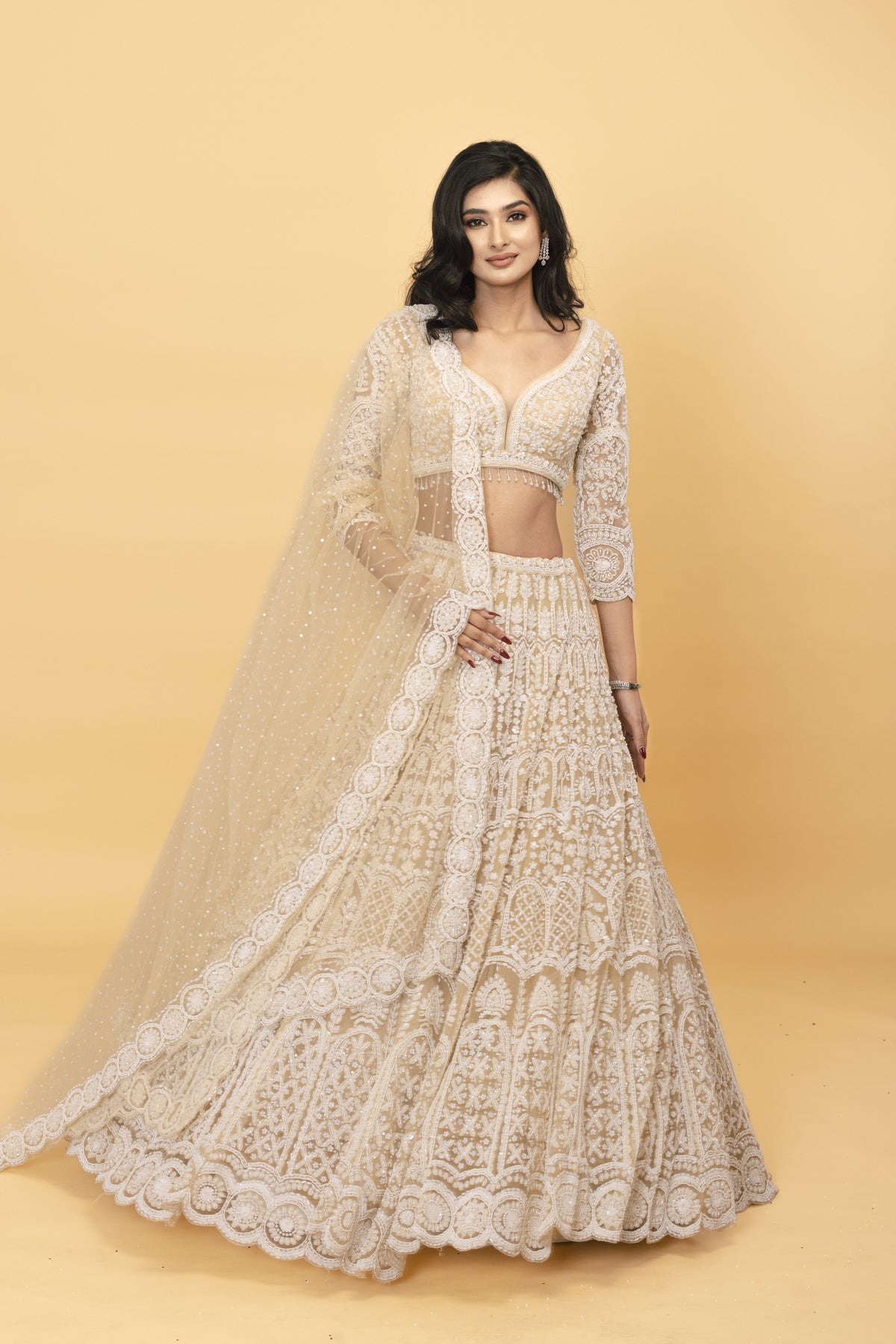 Beige Net Lehenga with Pearl, Sequin & Mirror Embellishments