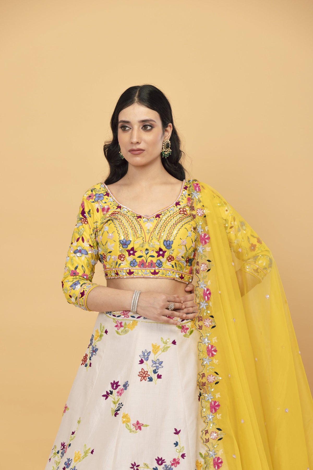 Yellow Net Multicolour Lehenga