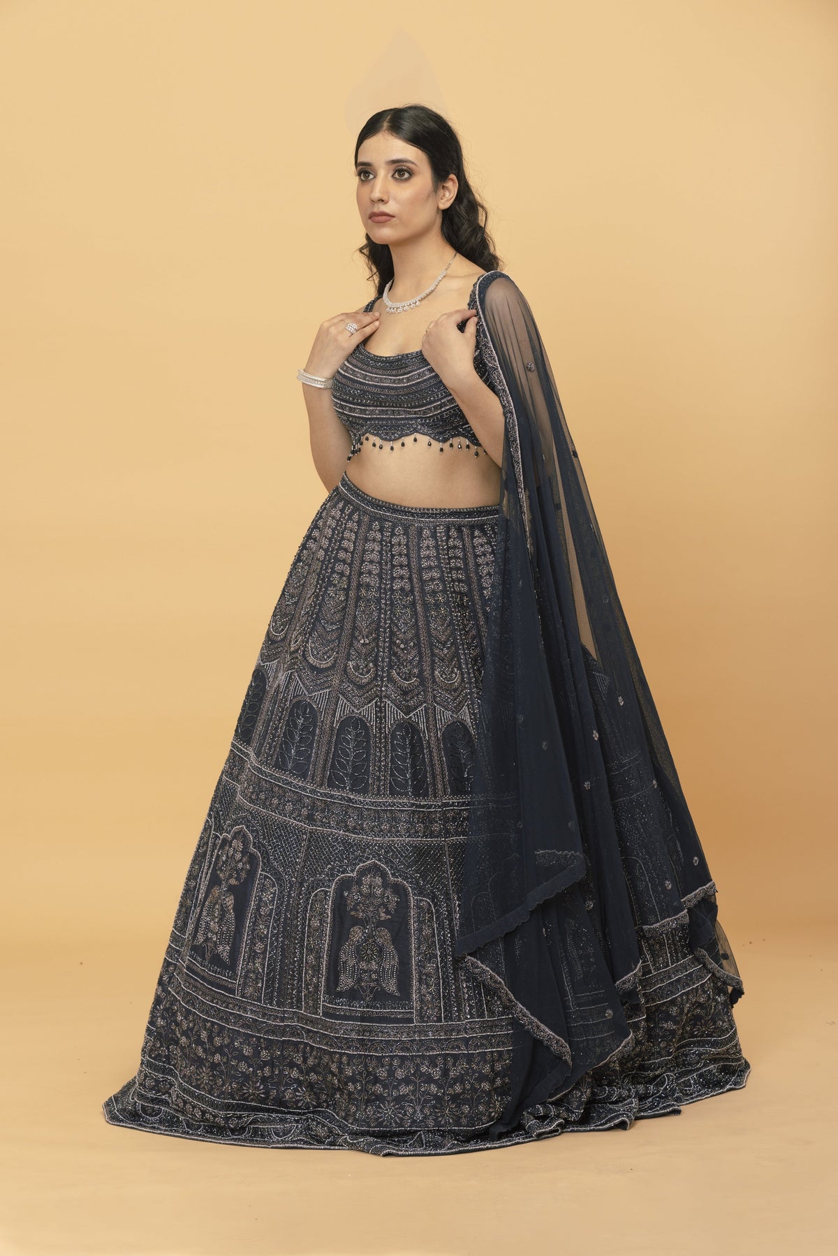 Charcoal Grey Embroidered Silk Lehenga