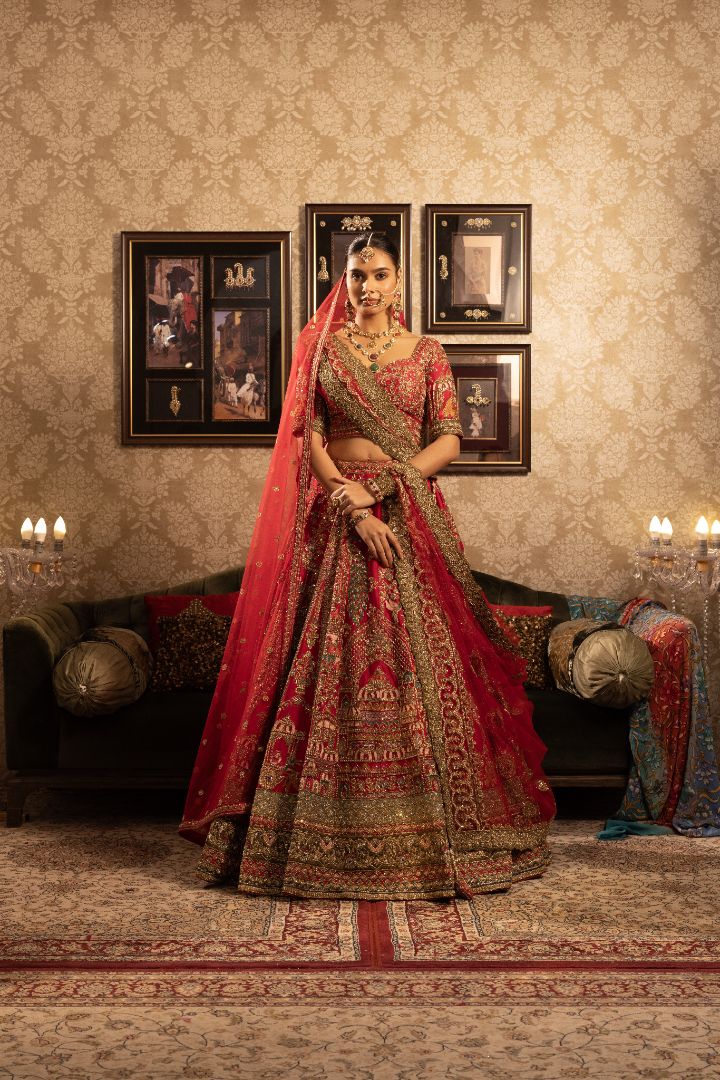 Red Bridal Kali Lehenga - Hand Embroidered Silk Wedding Lehenga with Zari Work