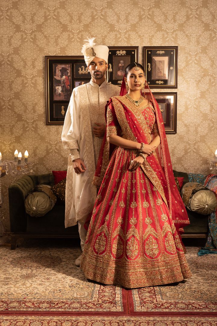 Red Bridal Lehenga | Hand Embroidered Wedding Lehenga with Zari Work