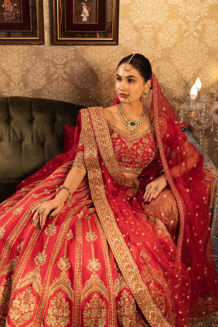 Red Bridal Lehenga | Hand Embroidered Wedding Lehenga with Zari Work