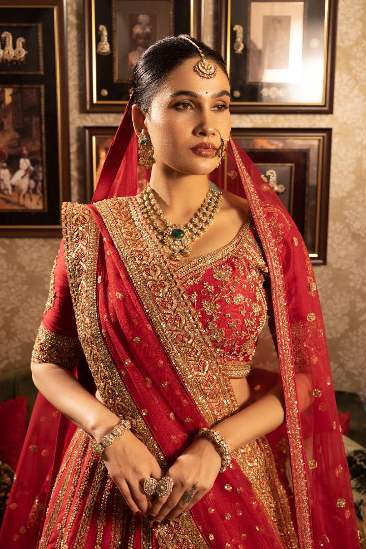 Red Bridal Lehenga | Hand Embroidered Wedding Lehenga with Zari Work